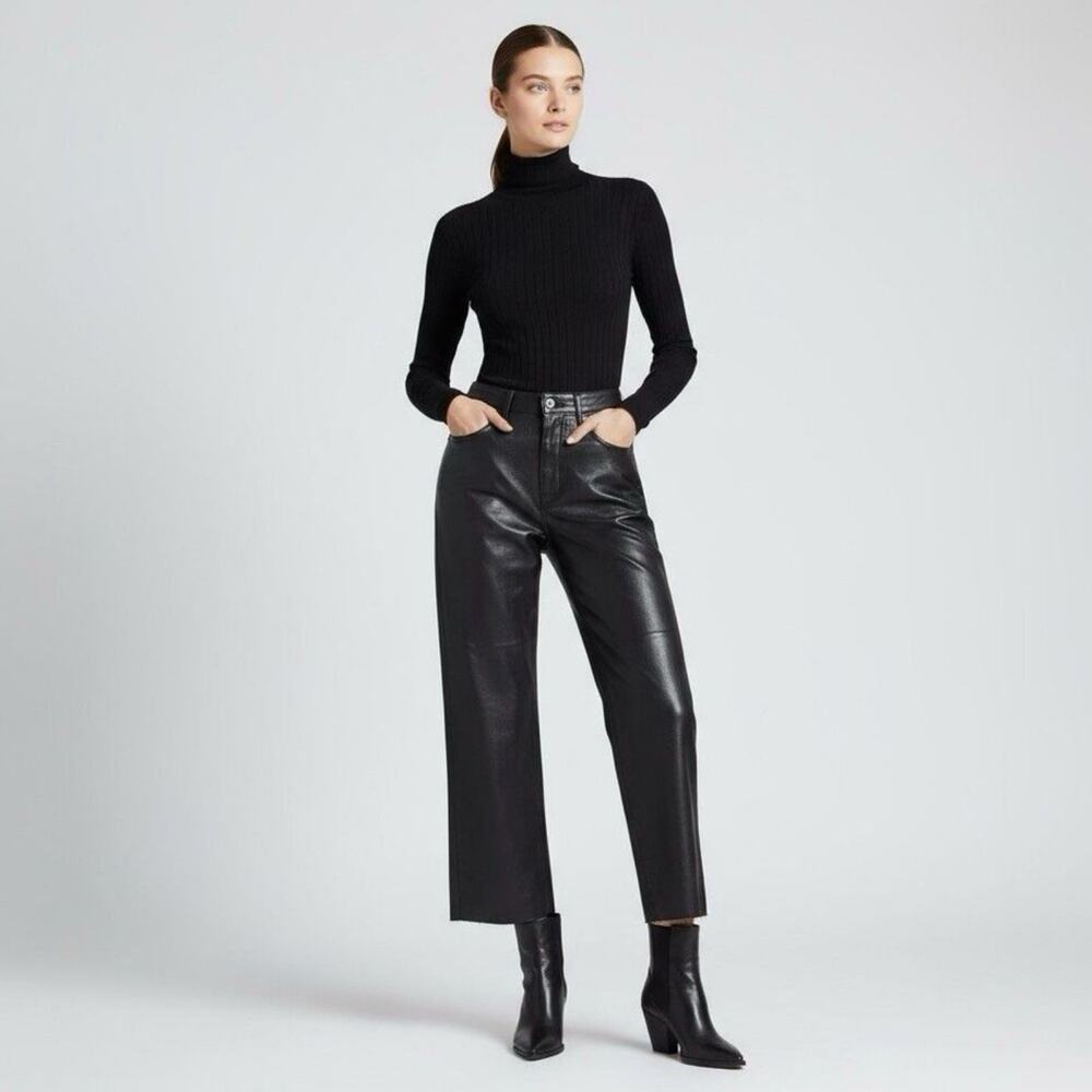 L’Agence Wanda High Rise Wide Leg Cropped Noir Black Coated Jeans 27
